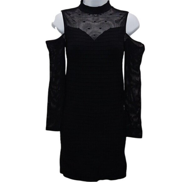 bebe Cold Shoulder Bandage Dress Mesh Net Long Sleeves Size Medium Clubwear - Picture 1 of 14